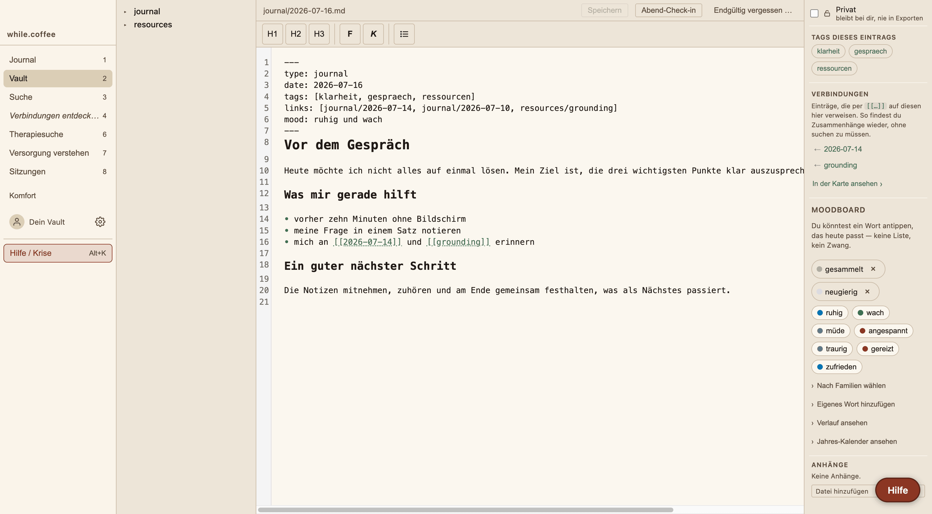 while.coffee Journalansicht mit synthetischen Inhalten