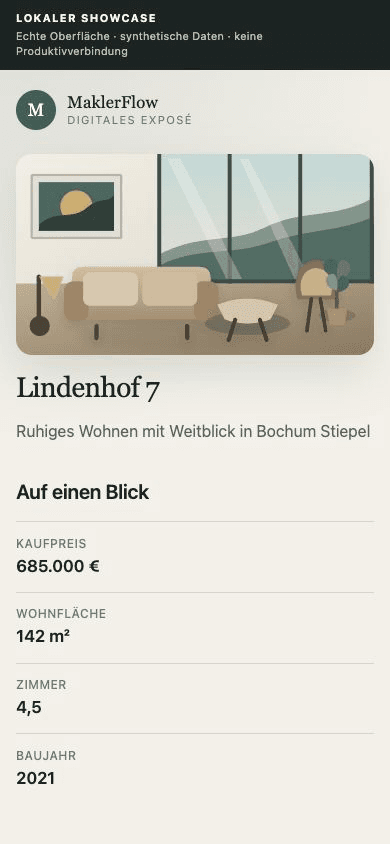 Mobile Entwicklungsaufnahme eines synthetischen Immobilienexposés in MaklerFlow